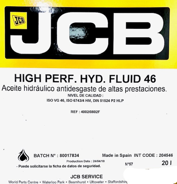 Aceite Hidráulico Antidesgaste de Altas Prestaciones JCB. "HP High Perf. Hyd. Fluid" 46 de 20 Litros