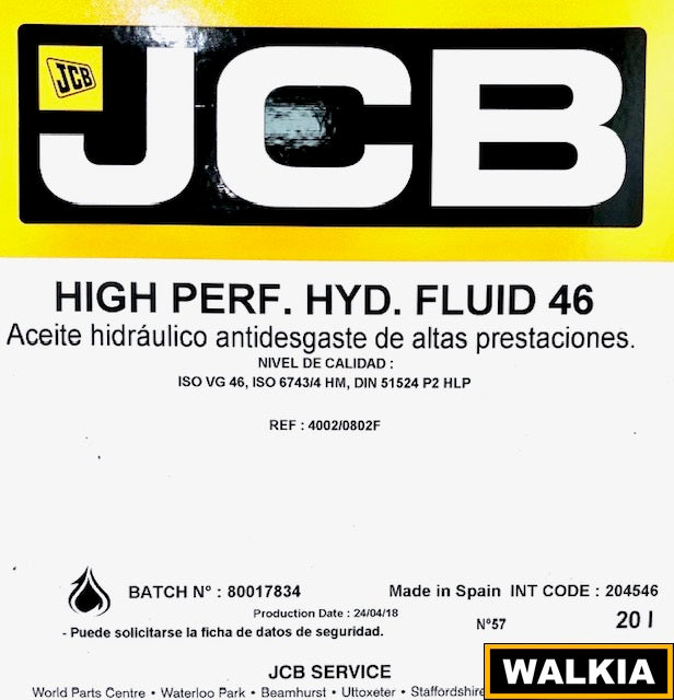 Aceite Hidráulico Antidesgaste de Altas Prestaciones JCB. HP High Perf. Hyd. Fluid 46 de 20 Litros
